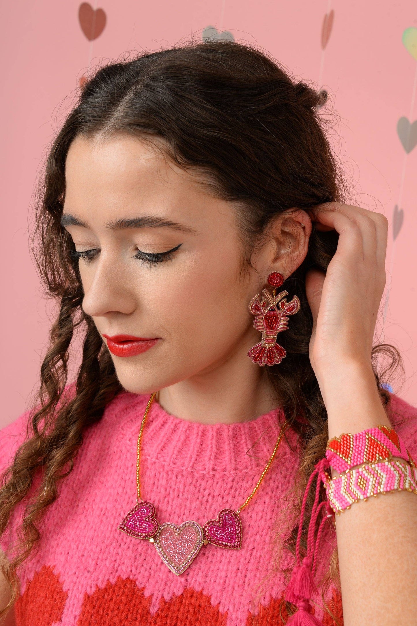 Triple Pink Beaded Heart Necklace