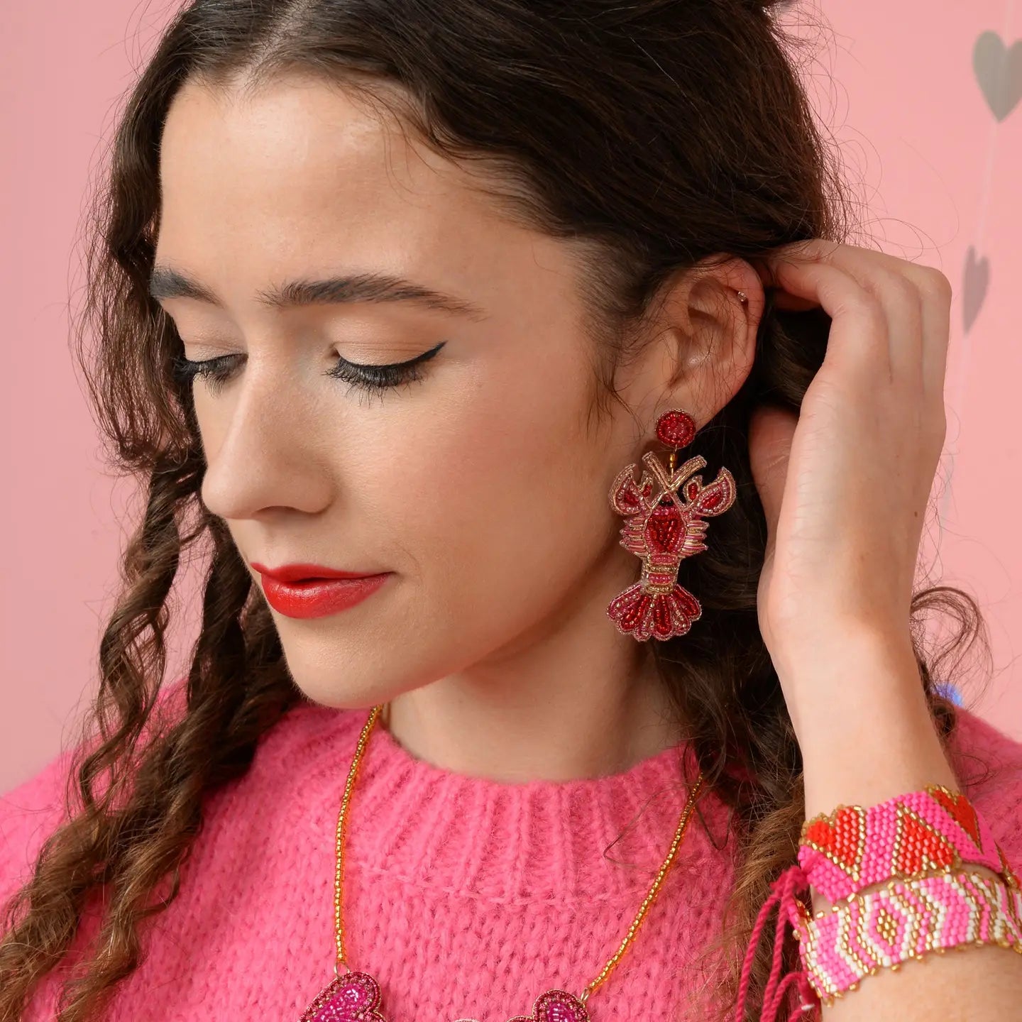 Triple Pink Beaded Heart Necklace