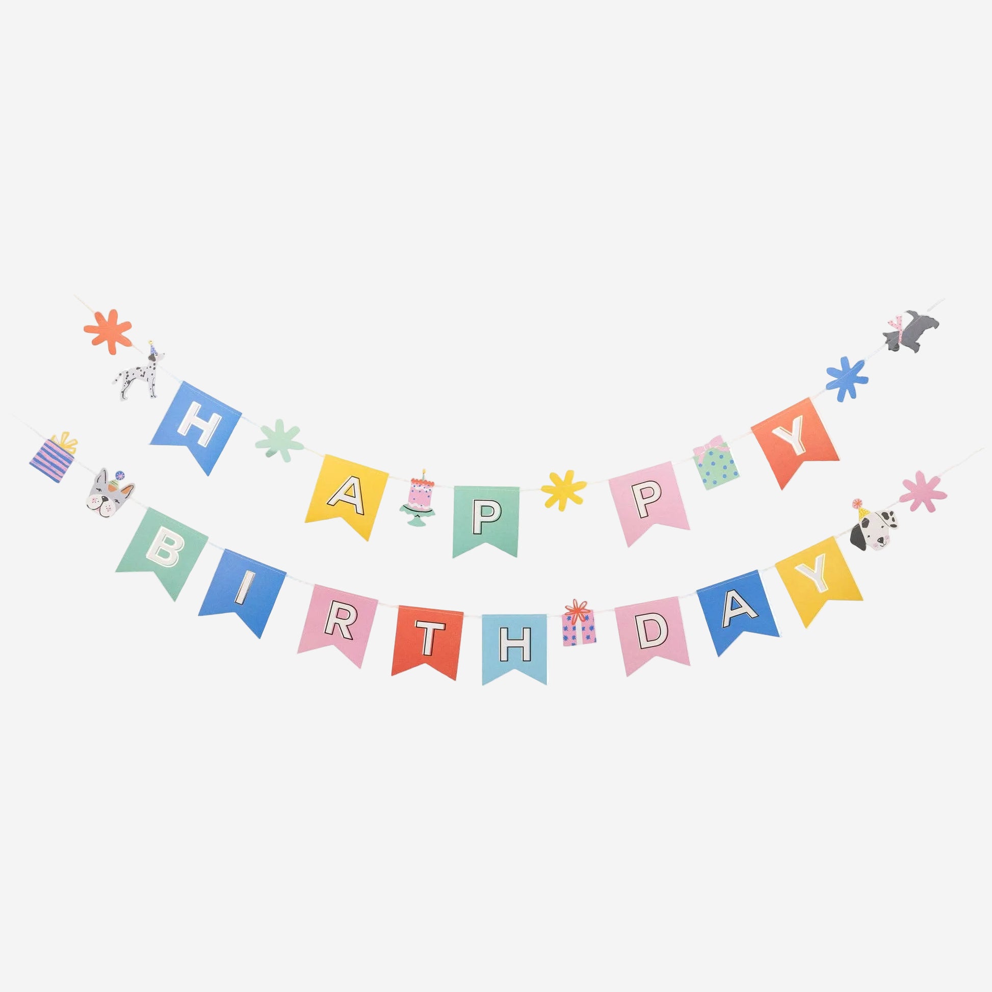 Colorful 'Happy Birthday' banner with decorative elements on a white background