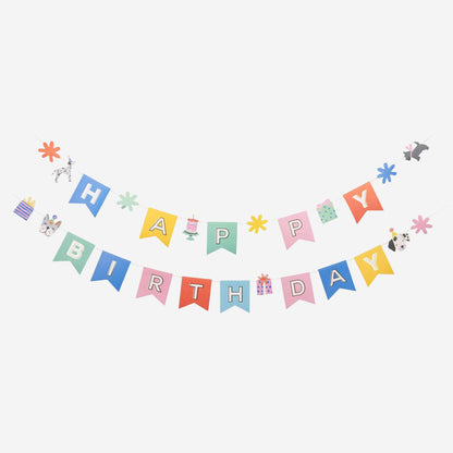 Colorful 'Happy Birthday' banner with decorative elements on a white background