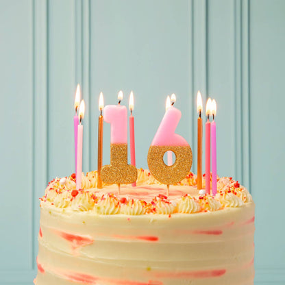 Long Pink Birthday Candles | 16 Pack |
