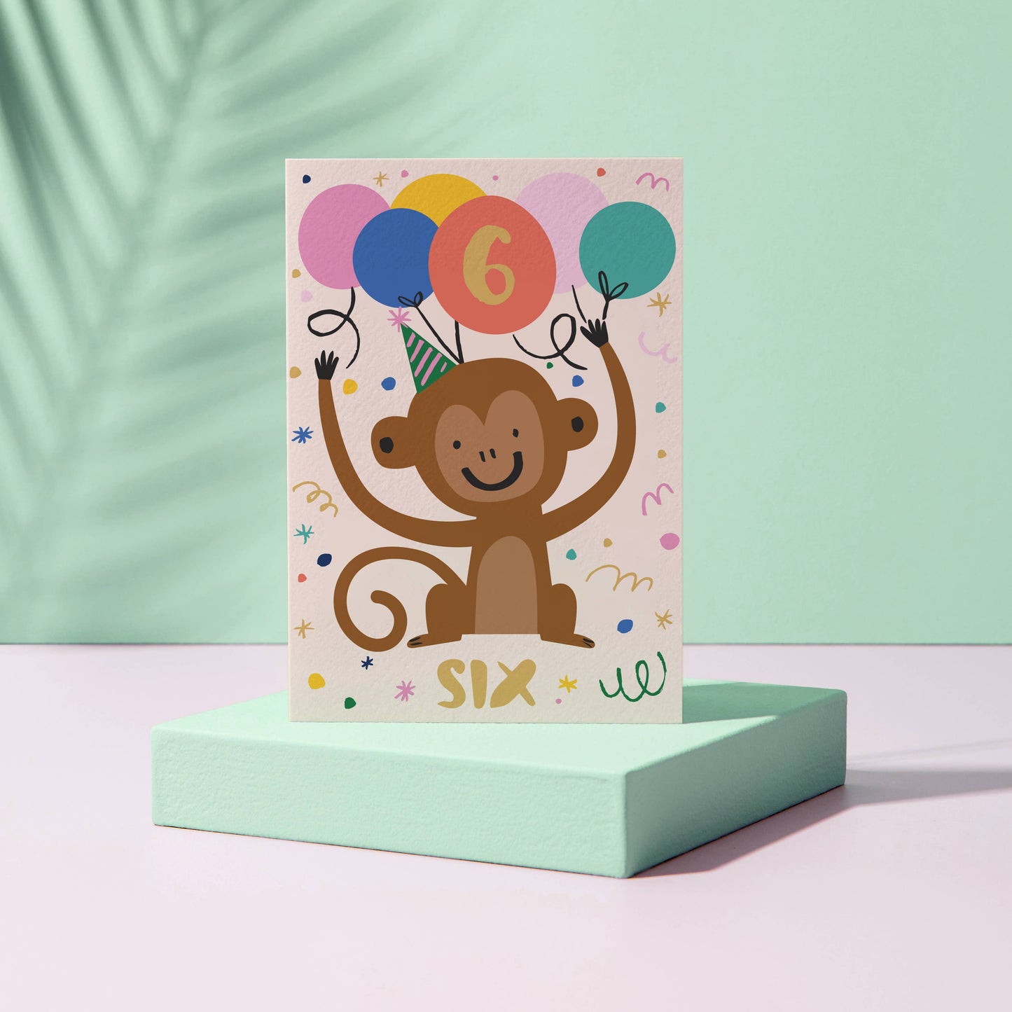 Age 6 Birthday Card – Monkey Theme – Number Card for Kids – Six Years Old