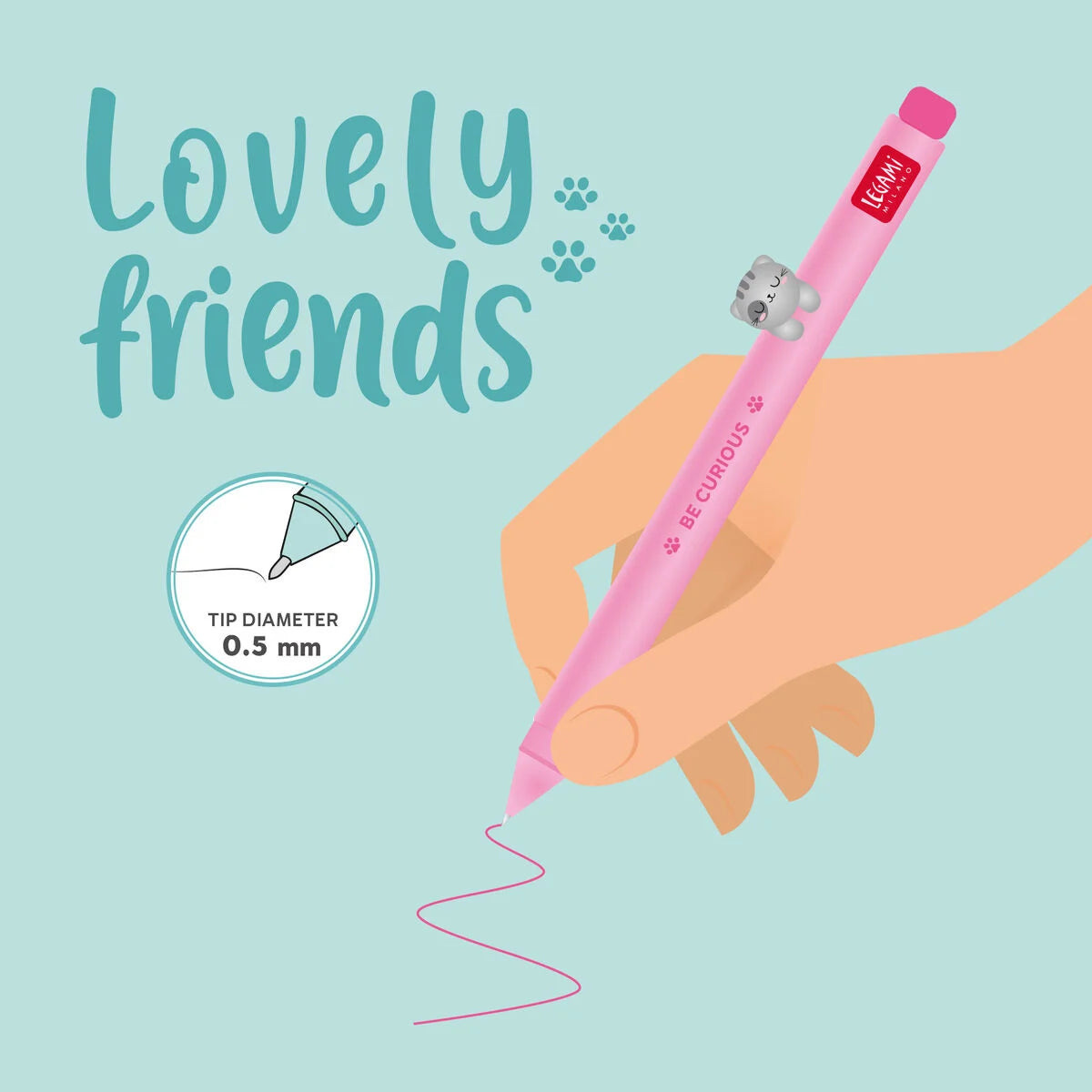 Legami Gel Pen with "Be Curious" Kitty Animal Decoration - Lovely Friends