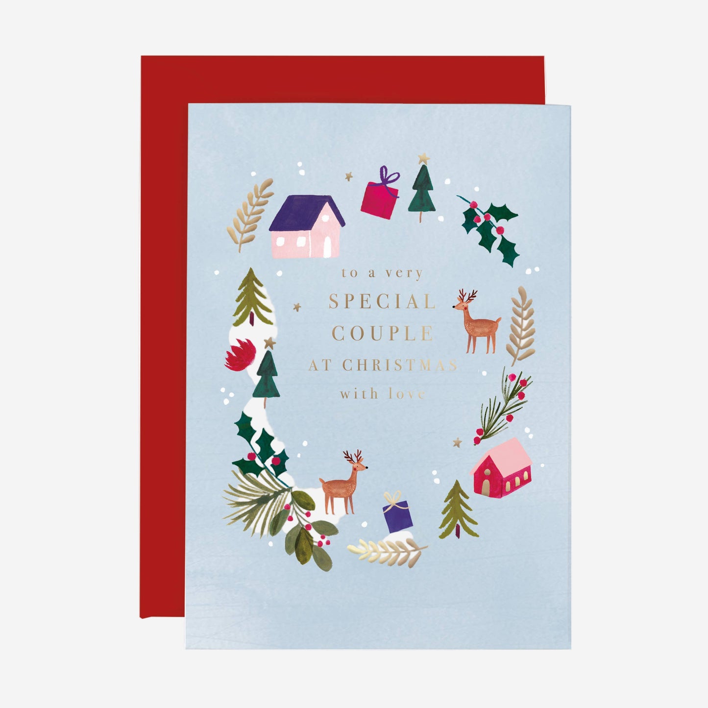 Christmas card with festive illustrations and a red envelope on a white background