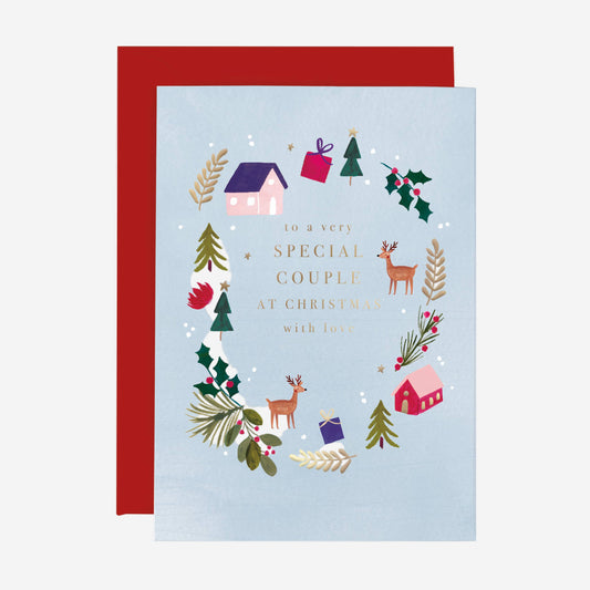 Christmas card with festive illustrations and a red envelope on a white background