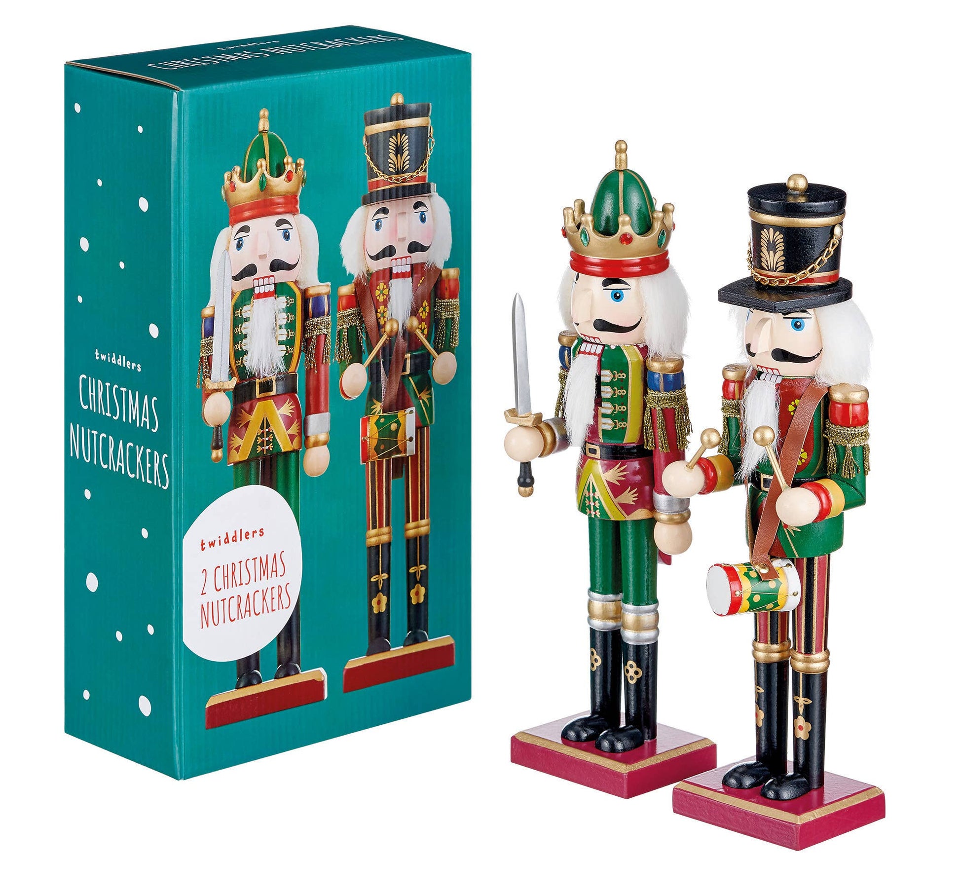Two Christmas nutcrackers with a decorative box on a white background