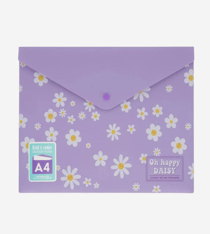 Purple envelope with white daisy pattern and 'Oh Happy Daisy' branding on a white background