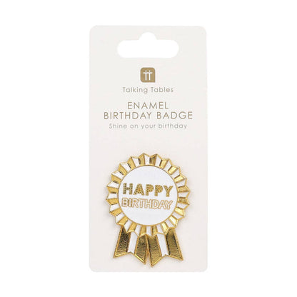 Gold 'Happy Birthday' enamel badge on a Talking Tables card
