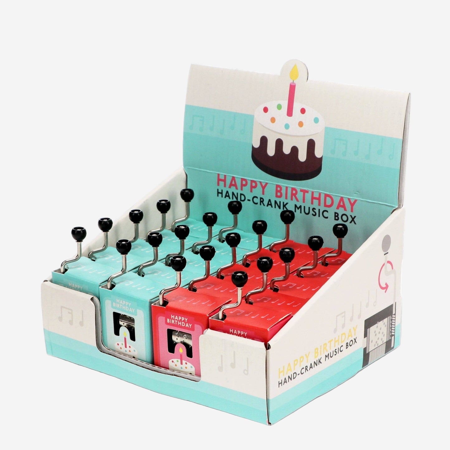 Display of 'Happy Birthday' hand-crank music boxes with packaging.