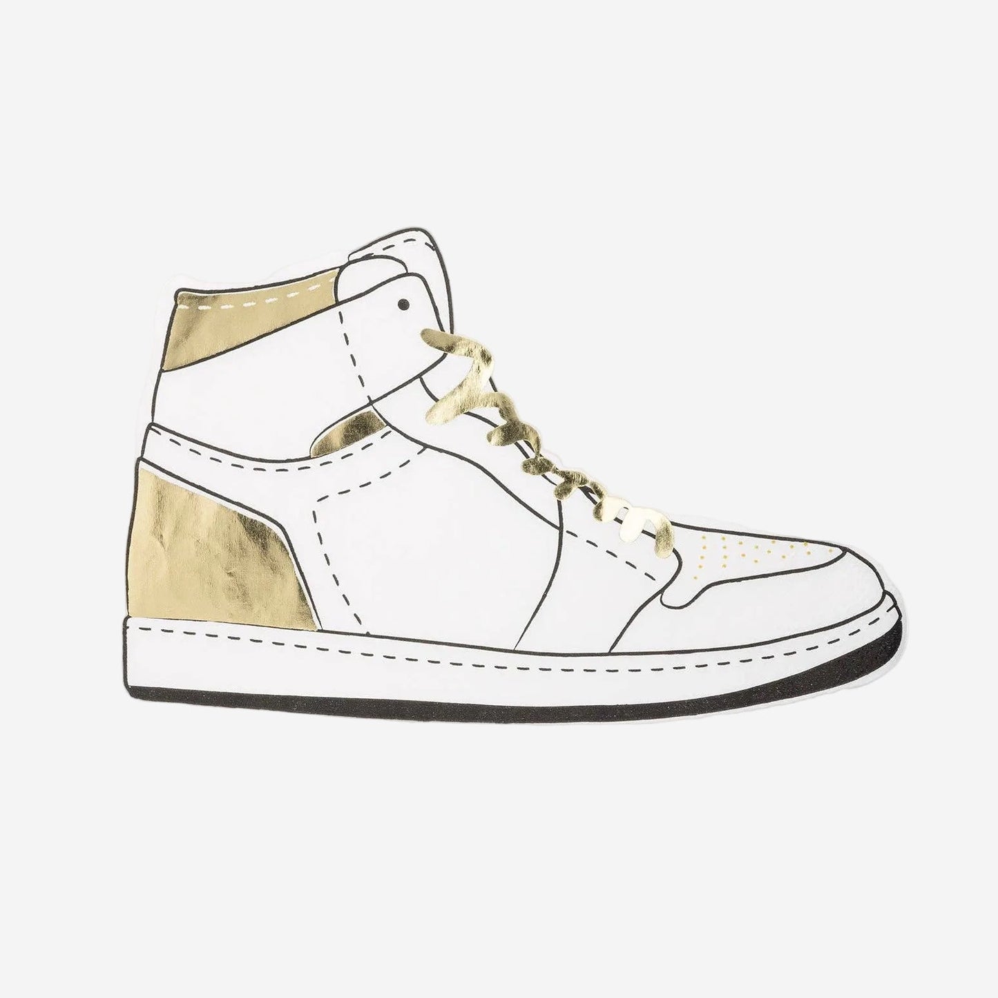 White high-top sneaker with gold accents on a white background