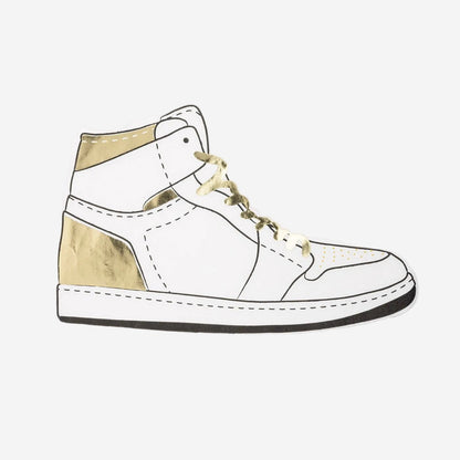 White high-top sneaker with gold accents on a white background