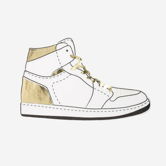White high-top sneaker with gold accents on a white background