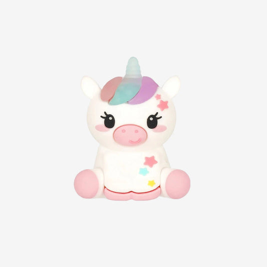 Plush unicorn toy with a colorful horn on a white background