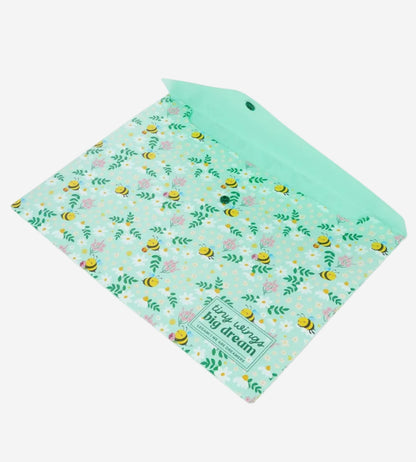 Mint green baby blanket with floral and bee pattern on a white background