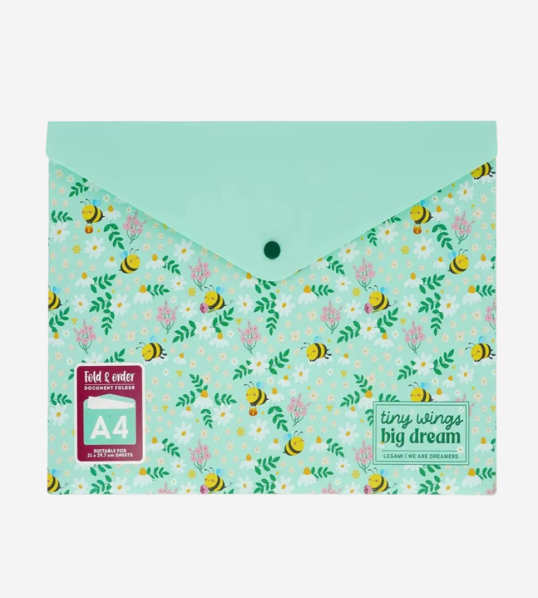 Folder with floral and bee pattern on a light blue background