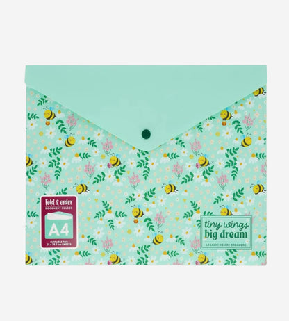 Folder with floral and bee pattern on a light blue background