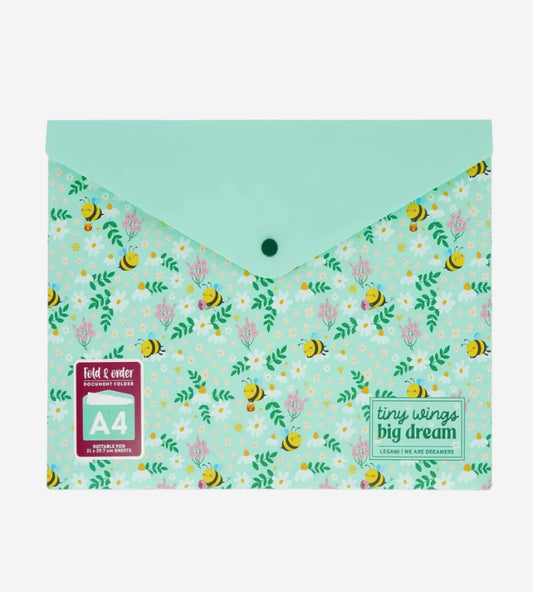 Folder with floral and bee pattern on a light blue background