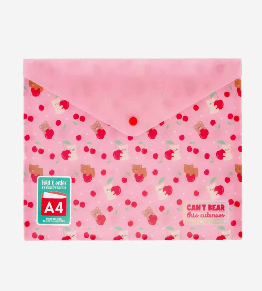 Pink A4 folder with bear and cherry pattern on a white background