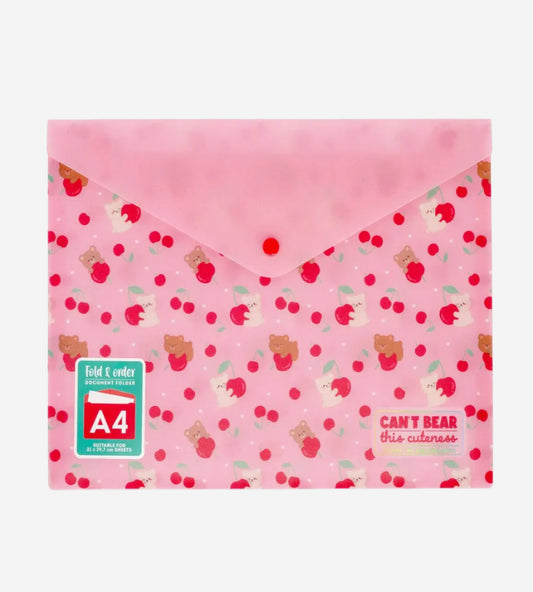 Pink A4 folder with bear and cherry pattern on a white background