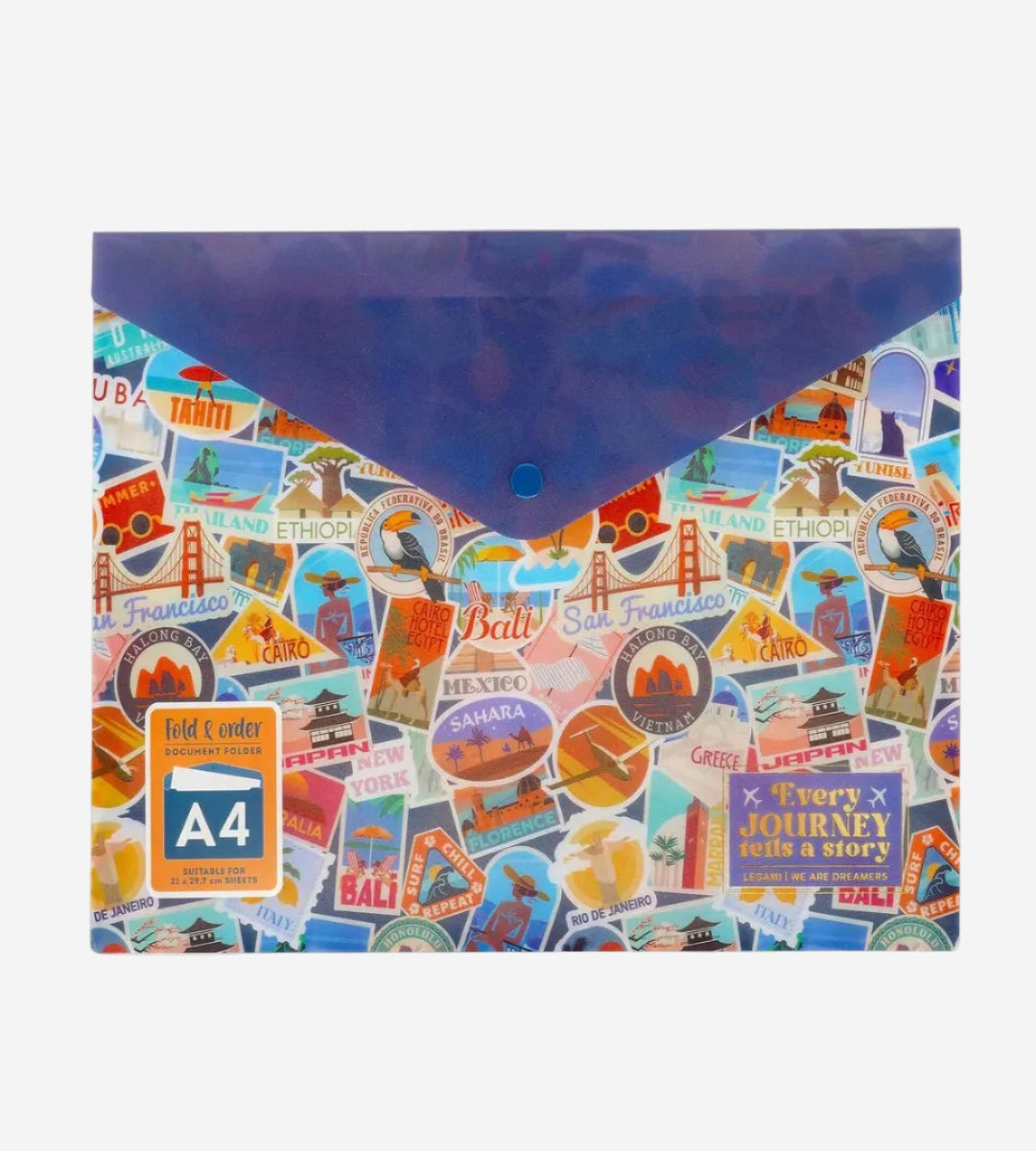 Multicolored travel-themed folder with A4 label on a white background