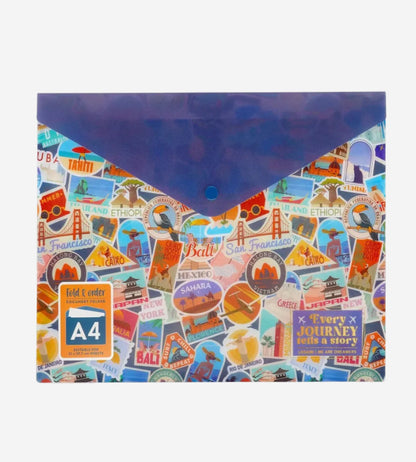 Multicolored travel-themed folder with A4 label on a white background