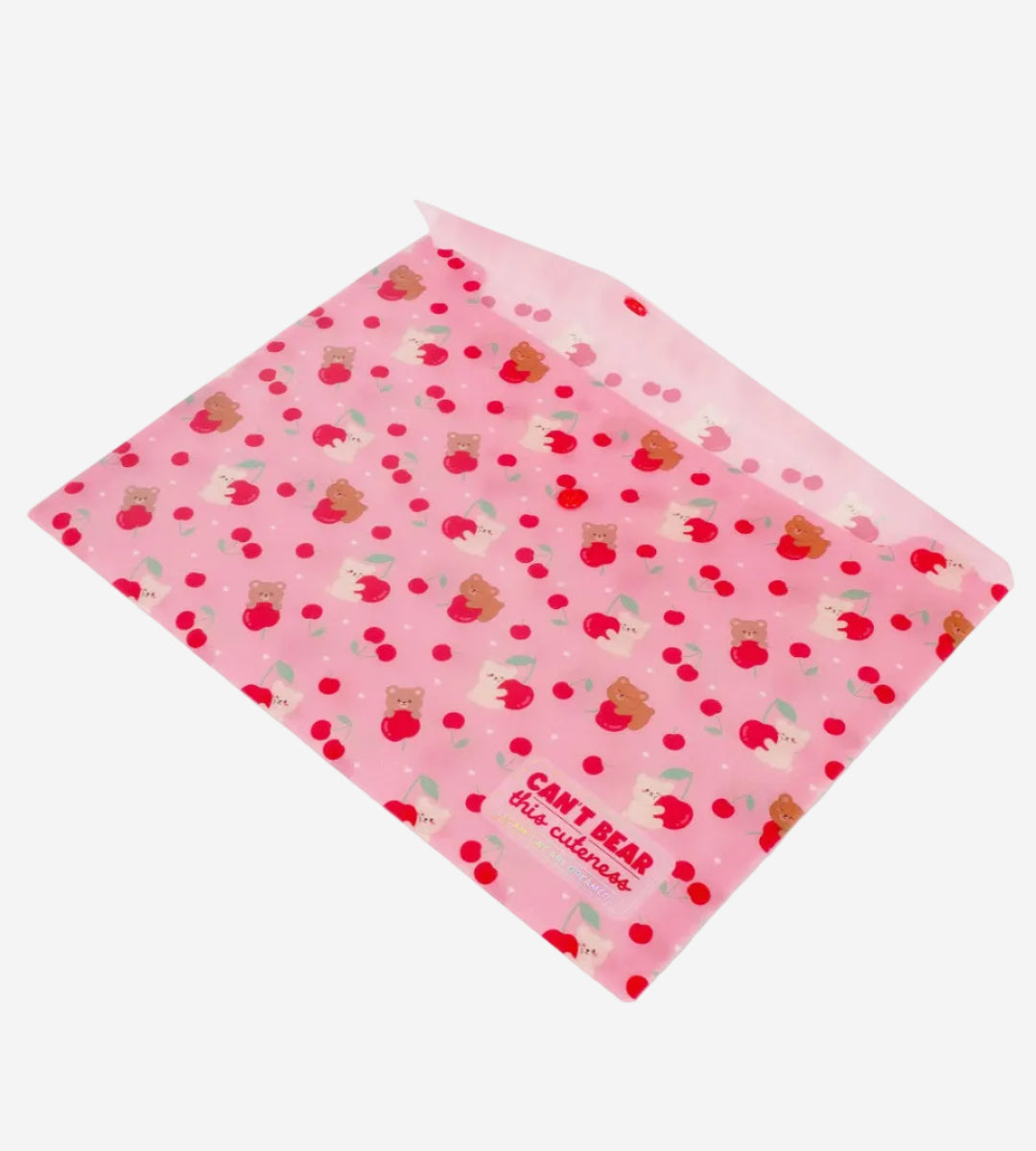 Pink fabric with teddy bear pattern and 'Can't Bear the Cuteness' text on a white background