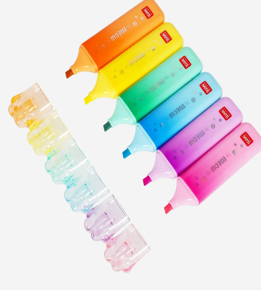 Set of colorful highlighters with visible brand name on a white background