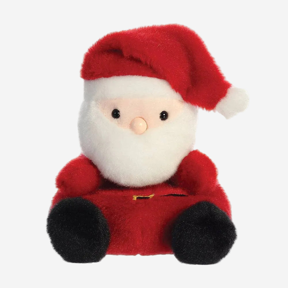 Plush toy resembling Santa Claus on a white background