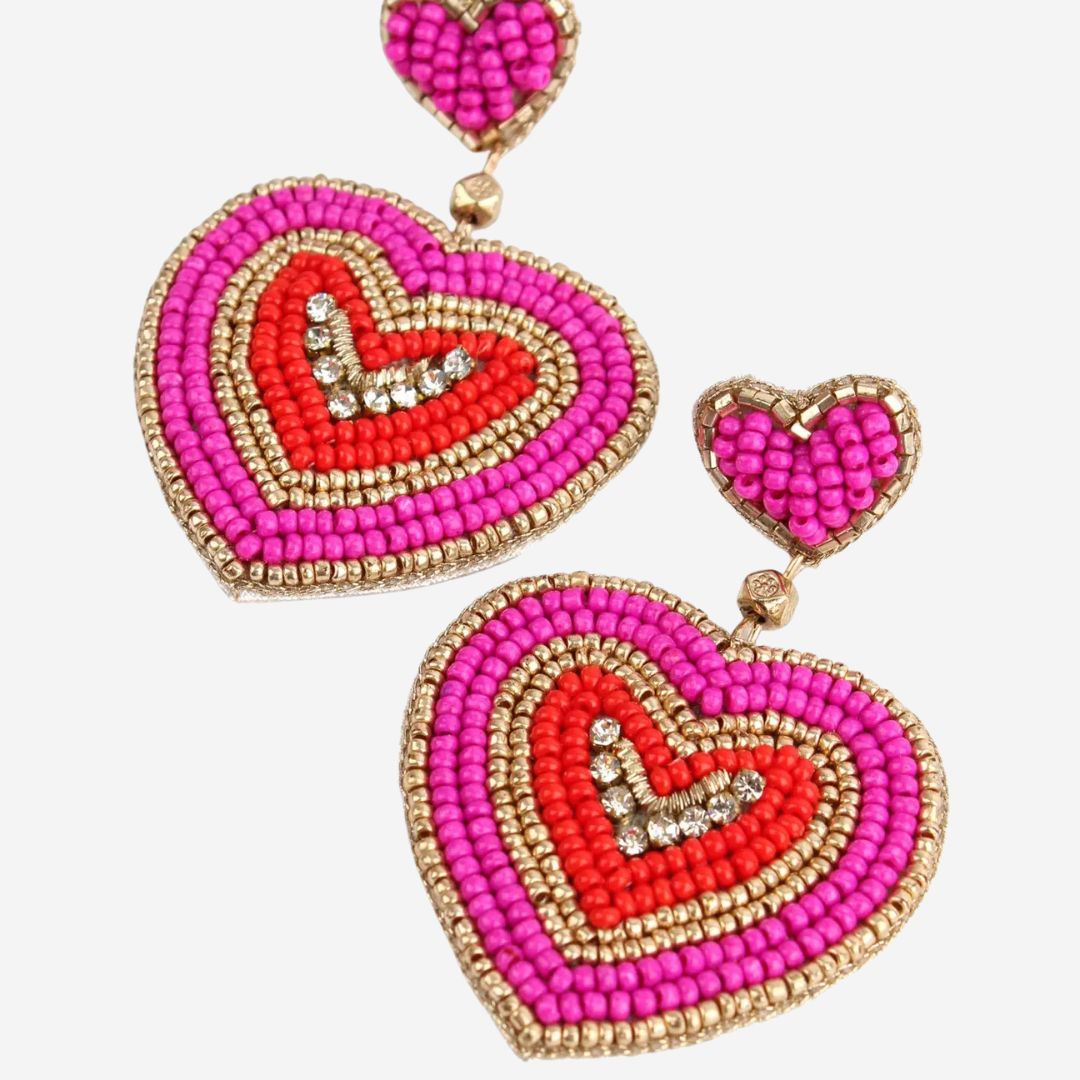 Ripple Heart Beaded Earrings – Pink, Red & Gold