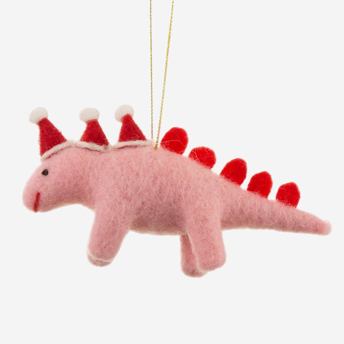 Pink dinosaur ornament with red hats and tail on a white background
