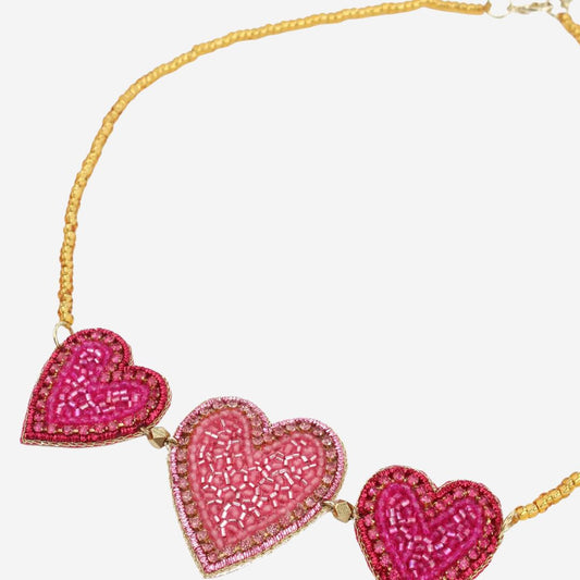 Triple Pink Beaded Heart Necklace