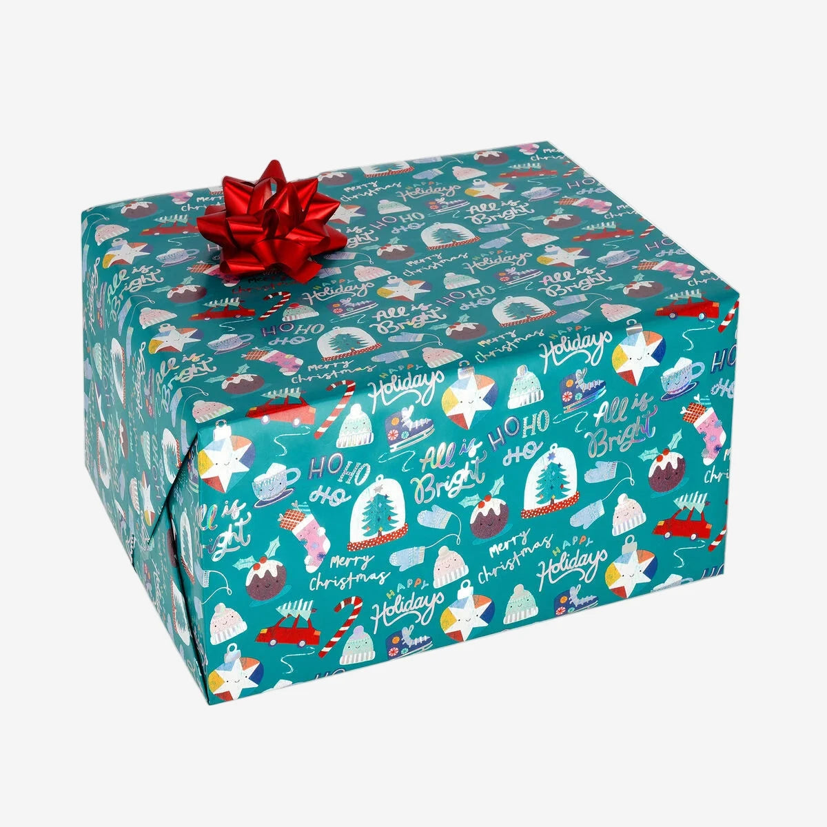 Gift box with festive wrapping paper and a red bow on a white background