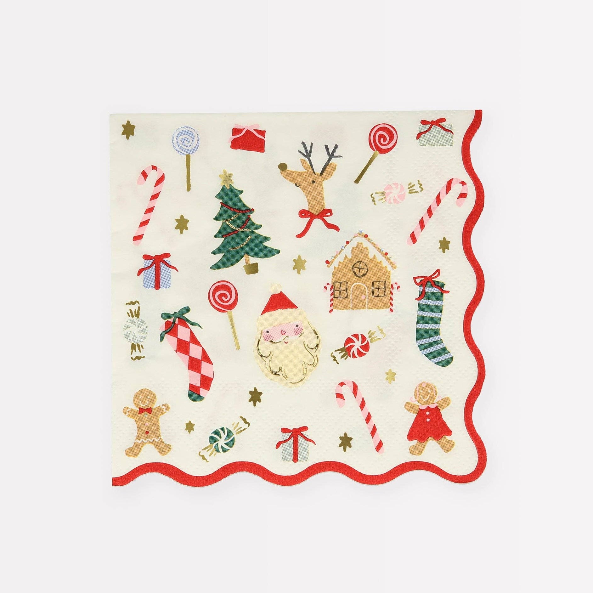 Christmas-themed paper with Santa Claus, reindeer, gingerbread men, and candy canes on a white background.