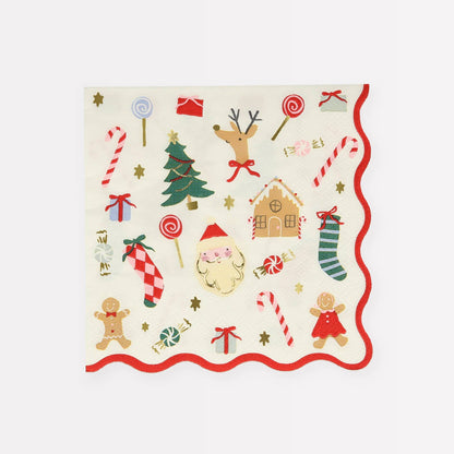Christmas-themed paper with Santa Claus, reindeer, gingerbread men, and candy canes on a white background.