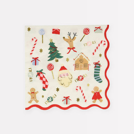 Christmas-themed paper with Santa Claus, reindeer, gingerbread men, and candy canes on a white background.
