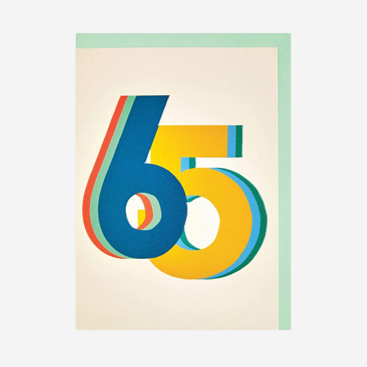 Bright colourful 3D number age 65 Birthday Card
