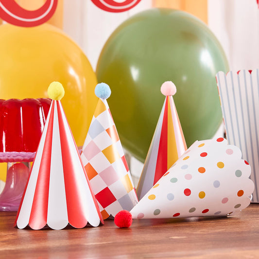 Circus Party Hats with Pom Poms - Pack of 8