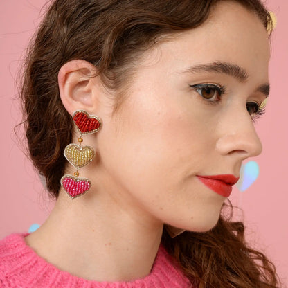 Triple Drop Beaded Heart Earrings