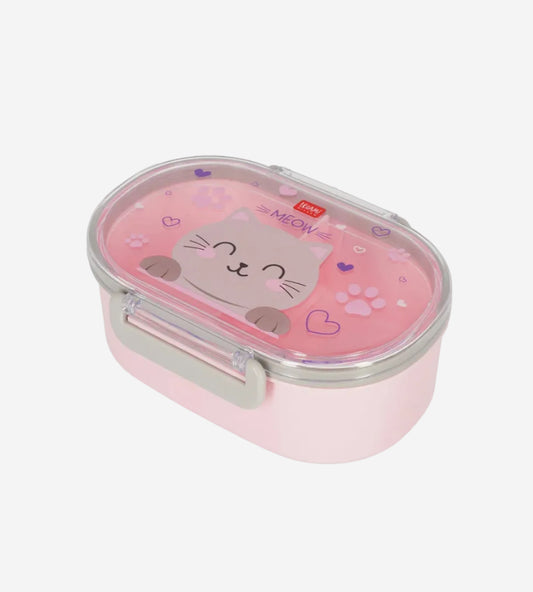 Pink bento box with cat design on a white background