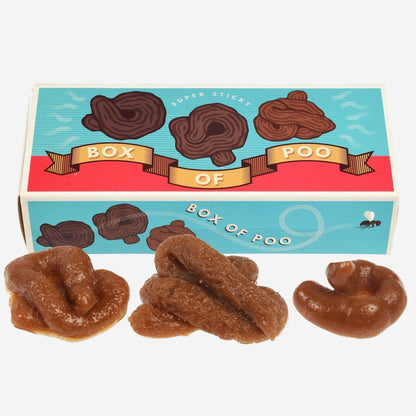 Box of Poo with brown dog treats on a white background