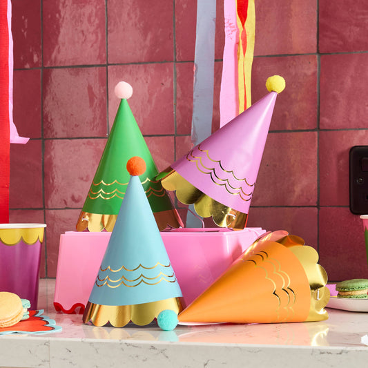 Premium Bright Party Hats with Pom Poms - Pack of 8