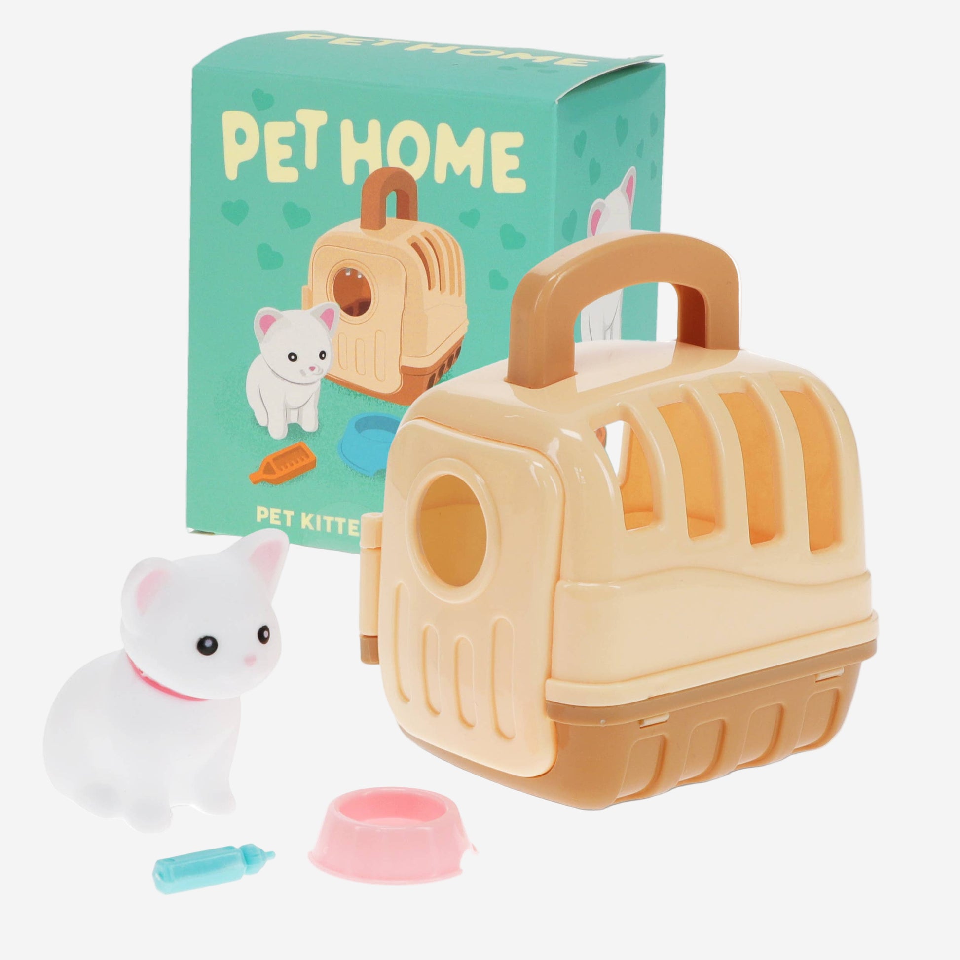 Toy pet carrier with a toy cat and accessories, featuring the 'Pet Home' packaging.