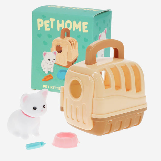 Toy pet carrier with a toy cat and accessories, featuring the 'Pet Home' packaging.