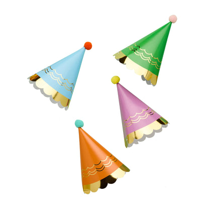 Premium Bright Party Hats with Pom Poms - Pack of 8