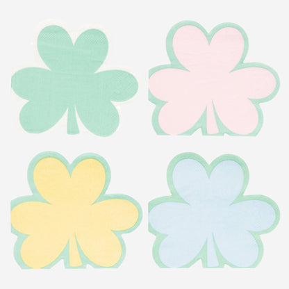 Four pastel-colored four-leaf clover stickers on a white background