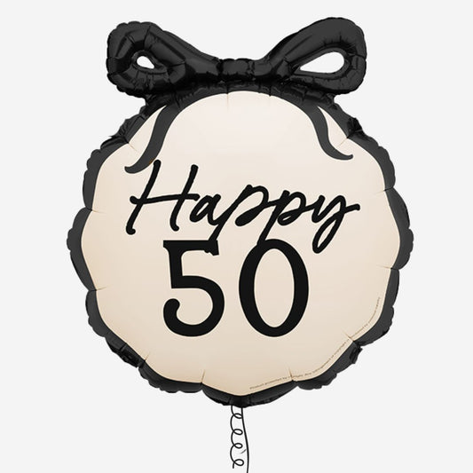 18" Black And Cream Happy 50th Bow Foil Inflated Balloon