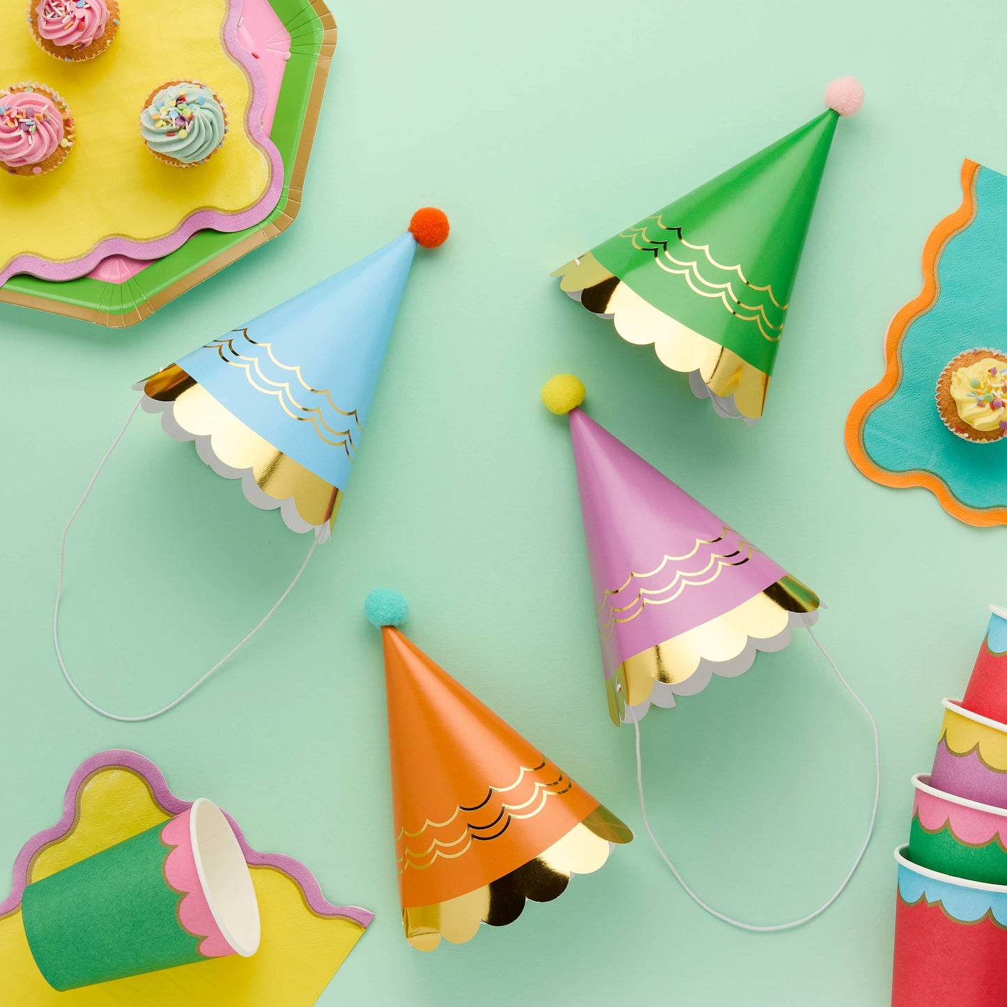 Premium Bright Party Hats with Pom Poms - Pack of 8