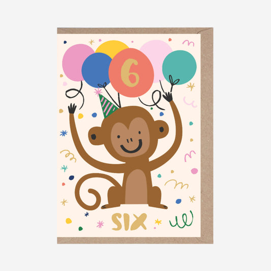 Birthday card with a monkey holding balloons and the number 6, on a white background.