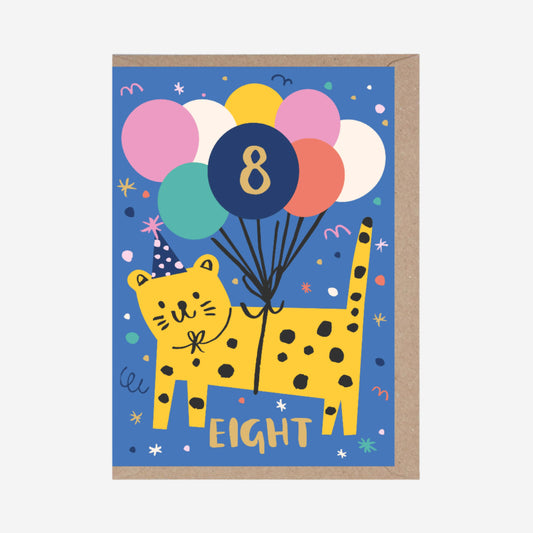 Children's birthday card with a leopard holding balloons and the number eight on a blue background.