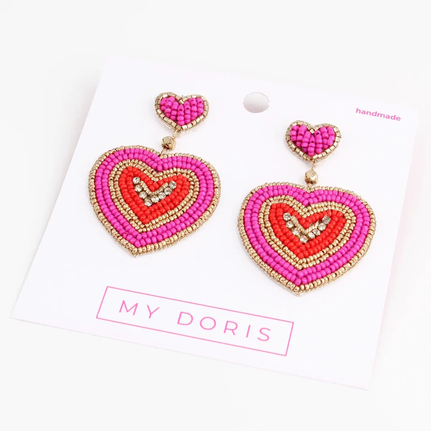 Ripple Heart Beaded Earrings – Pink, Red & Gold